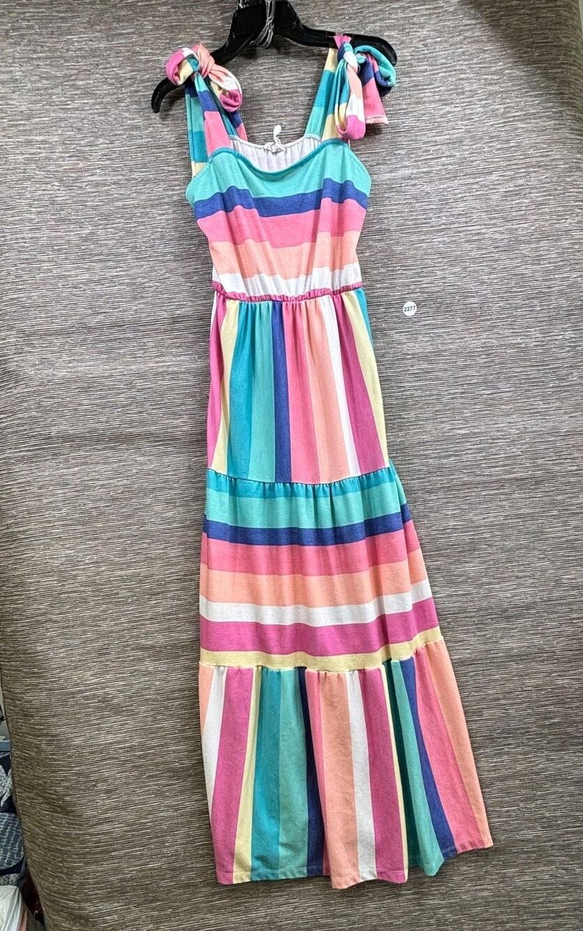 BiBi Maxi Sundress Womens Size L Multicolor Rainbow Stripe Tie Strap Jersey